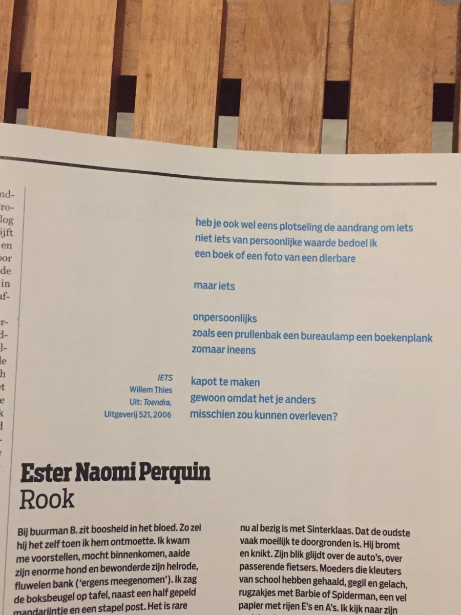 willemthies's tweet photo. In de Groene van deze week een gedicht van mij, uit mijn bundel 'Toendra'. Het heet 'Iets'. Ester Naomi Perquin laat het haar stuk 'Rook' vergezellen. Over een man wiens familie (in mannelijke lijn) 'kokend bloed' heeft. Ook Perquin heeft, gelijk ik, het roken afgezworen. (p.75) https://t.co/V92YkkL1Of