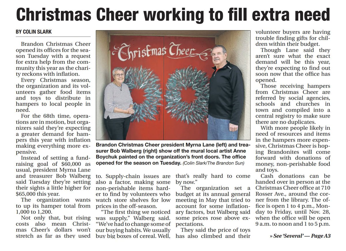Tis' the season of giving! 🎅
Brandon Christmas Cheer is an excellent organization in our city and they are looking for donations to fill their 2022 hamper goal.

To learn more or to make a donation, please visit: buff.ly/3NIqVy1 

#bdnmb #christmascheer