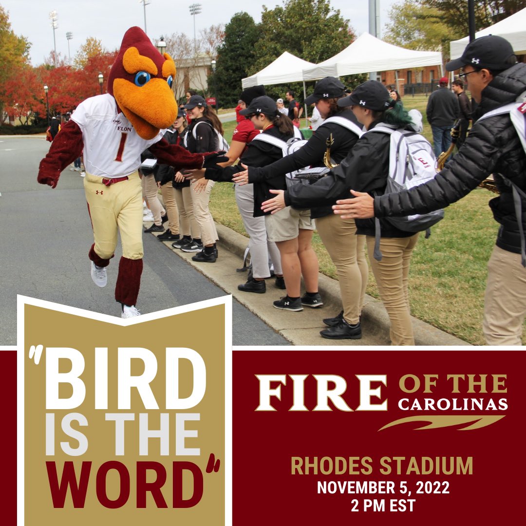 Elon Bands (@elonbands) on Twitter photo Of all birds, the Phoenix is our favorite. At 2pm today in Rhodes Stadium, join us, and some of our band alumni, as we cheer on <a href="/ElonFootball/">Elon Football</a> in their last home game of the season. We will be performing our halftime show “Bird is the Word” to celebrate what will be a great game! Of all birds, the Phoenix is our favorite. At 2pm today in Rhodes Stadium, join us, and some of our band alumni, as we cheer on <a href="/ElonFootball/">Elon Football</a> in their last home game of the season. We will be performing our halftime show “Bird is the Word” to celebrate what will be a great game!