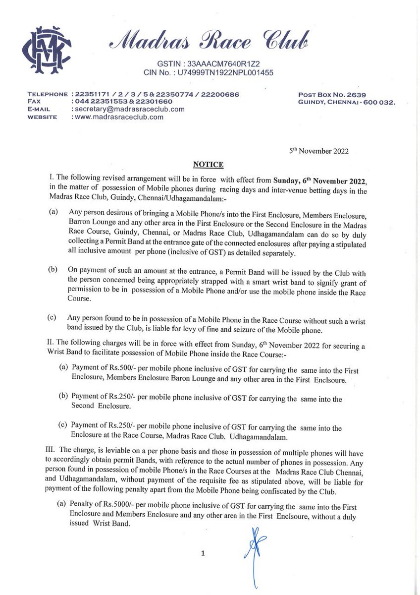 RaceMadras's tweet photo. The much awaited #MobilePhoneUsage Reform is here at @RaceMadras
W.e.f. 06/11/2022
Rs.500 - Member’s & First Enclosure
Rs.250 - Second enclosure & Ooty Race Course
Attached is the detailed notice with respect to per day usage of mobile phones at Madras & #OotyRaceCourse https://t.co/ai3ZbAKiIE