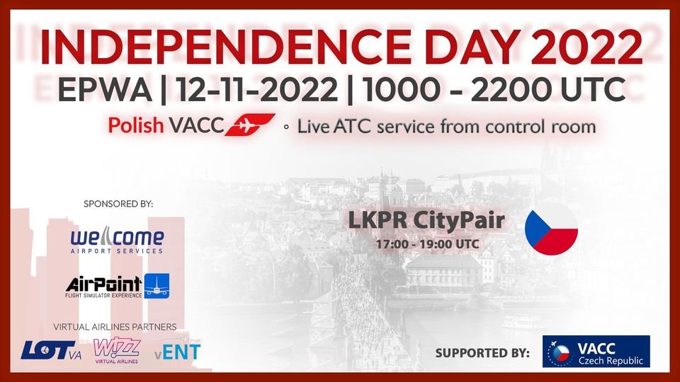 Our friends are celebrating #IndependenceDay2022 with us! During the event you will have a chance to enjoy 4 city-pairs with capital cities of our neighbours!

From 17 till 19 UTC you will have a chance to visit VACC-CZ and their #LKPR!
#VATSIM <a href="/vatsimevents/">VATSIM Events</a> <a href="/VATEUD/">VATSIM Europe Division</a> <a href="/VATSIMemea/">VATSIM Europe Middle East Africa Region</a>