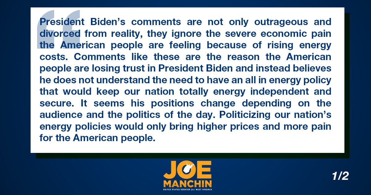 Sen_JoeManchin's tweet photo. My statement on comments President Biden made about shutting down coal plants: https://t.co/LEeqrGdwqm