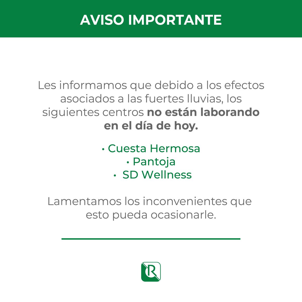 labreferencia's tweet photo. Les informamos que debido a los efectos de las fuertes lluvias, nuestros Centros Pantoja, Cuesta Hermosa y SD Wellness no están laborando en el día de hoy.
Lamentamos los inconvenientes que esto pueda ocasionarles.
#LabReferencia
#HorariosLabReferencia https://t.co/Oor2dh0Zew