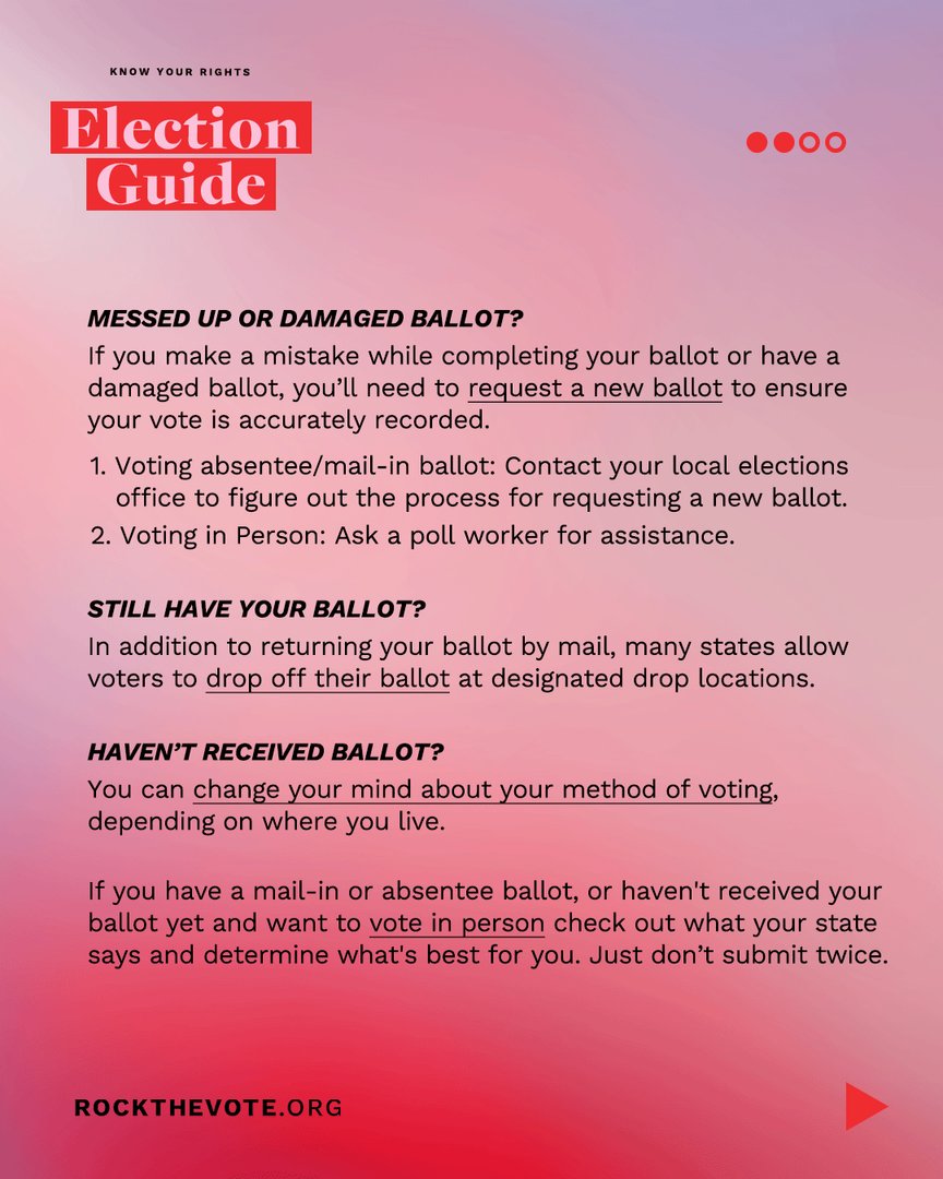 RockTheVote's tweet photo. Voting can feel complicated and overwhelming but it doesn't need to be! We're here to help break it down. 

👉🏾 Swipe through for a crash course on your rights this election season + 🔖 save this post to come back to later!

#RockTheVote #VotingRights #MidtermElections #Voting https://t.co/sNXJpxsds8