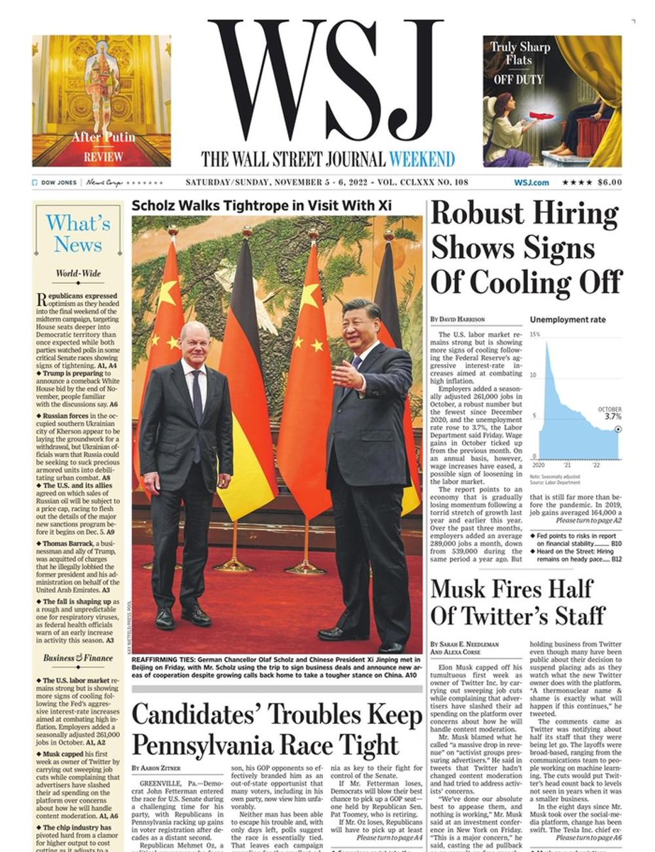 The front page of The Wall Street Journal this morning.
Saturday, November 5 2022.