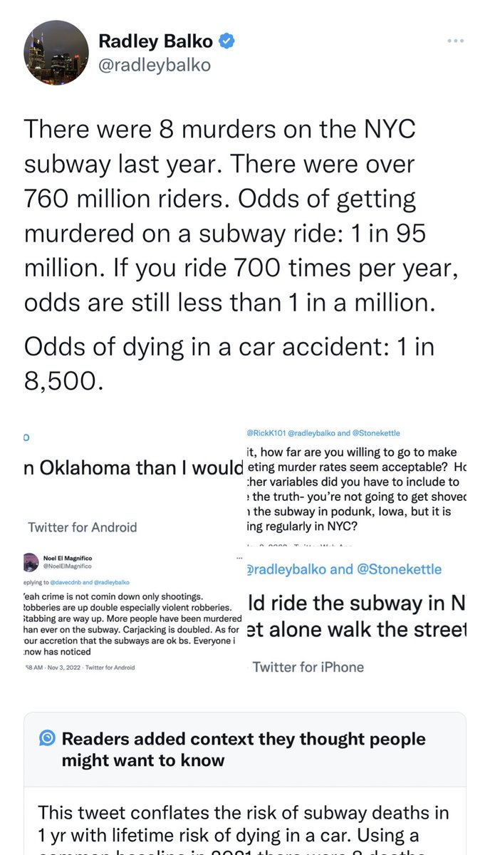 radleybalko's tweet image. Wow. This “context” is complete bullshit. My tweet was accurate. I *did* cite the annual risk of dying in a car. 

The lifetime risk is 1 in 101.