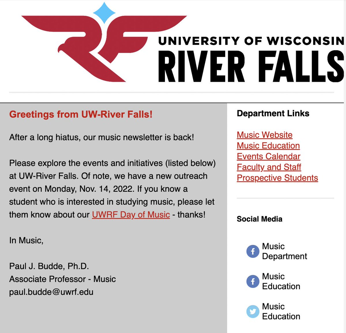 UWRFMusicEd's tweet photo. It's been a while... but our UW-River Falls Music Newsletter is back!

Check it out at https://t.co/UT79m31nGi]

Not on our mailing list? Sign up at https://t.co/26cJXEKaXs https://t.co/RJc4CDi73I