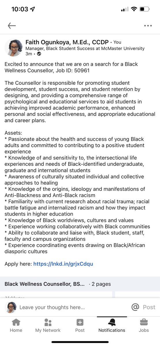 We are hiring: Black Wellness Counsellor, Job ID 50961
Great partnership between the <a href="/MacBSSC/">McMaster Black Student Success Centre</a> and <a href="/McMasterSWC/">Student Wellness</a>