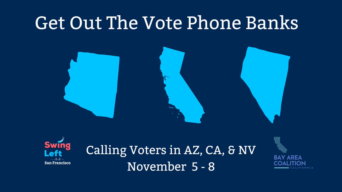 SwingLeftSF's tweet photo. Help get out the vote during #TheLastWeekend by calling voters in AZ, CA, and NV. 
Saturday to Tuesday from 10am to 7pm PT. Sign up: https://t.co/79rh1Ijmrd https://t.co/zsBY5TwdXq