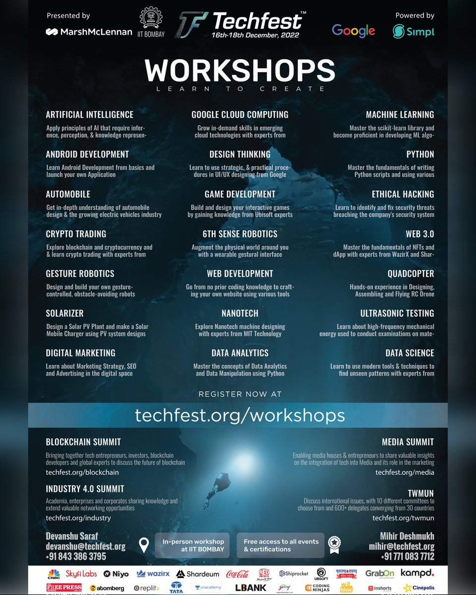 Techfest_IITB's tweet photo. Techfest, IIT Bombay presented by @MarshMcLennan and powered by @GoogleIndia and @Simpl offers lineup of Workshops, providing a perfect opportunity to try your hands on leading-edge technologies.

Register NOW at https://t.co/q3EDzKZW0x
#workshops #learntocreate #technology #iitb https://t.co/mTIIORCK62