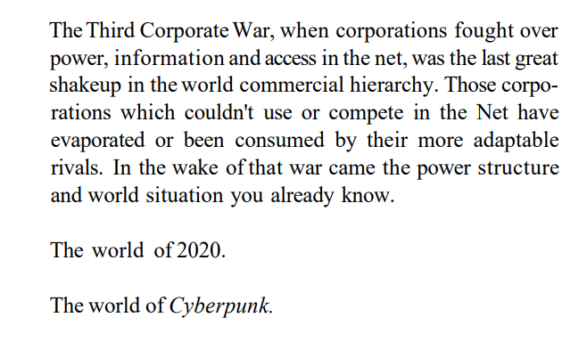 not_an_ork's tweet photo. Cyberpunk 2020, a tabletop pen and paper game from the late 80's, early 90's. This is an except out of the introduction to one of the corporate player books from 91. https://t.co/dtU4ZCJUfq