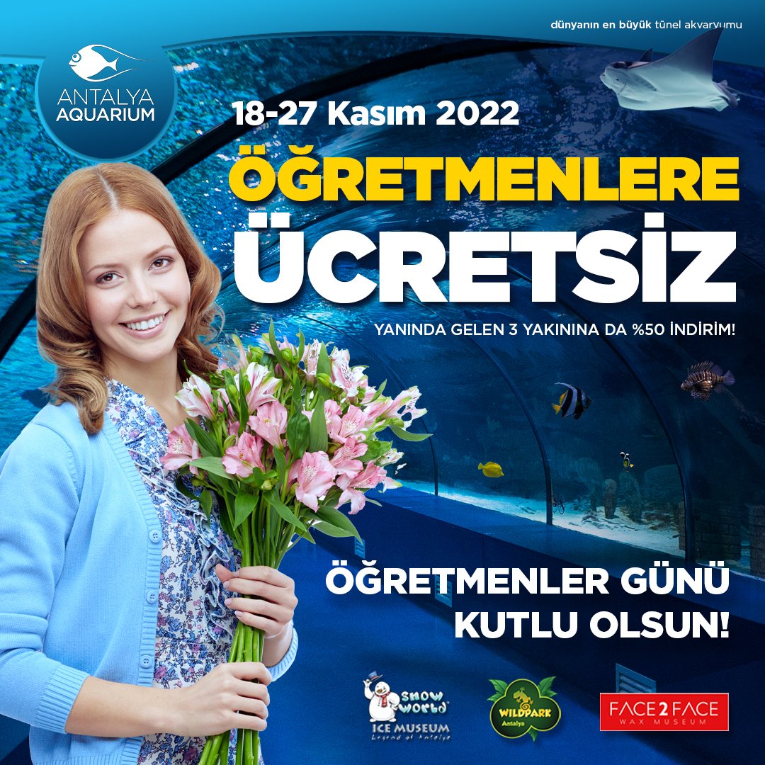 Öğretmenler Günü dolayısıyla;
Kreşler, Anasınıfları, İlk, Orta, Lise, Üniversite,
Özel Okullarda görevli tüm öğretmenlerimizi;
18- 27 Kasım 2022 tarih aralığında Antalya Aquarium, Wild Park, Face2Face, Snow World &amp; Ice Museum bölümlerinde ücretsiz olarak ağırlayacağız.