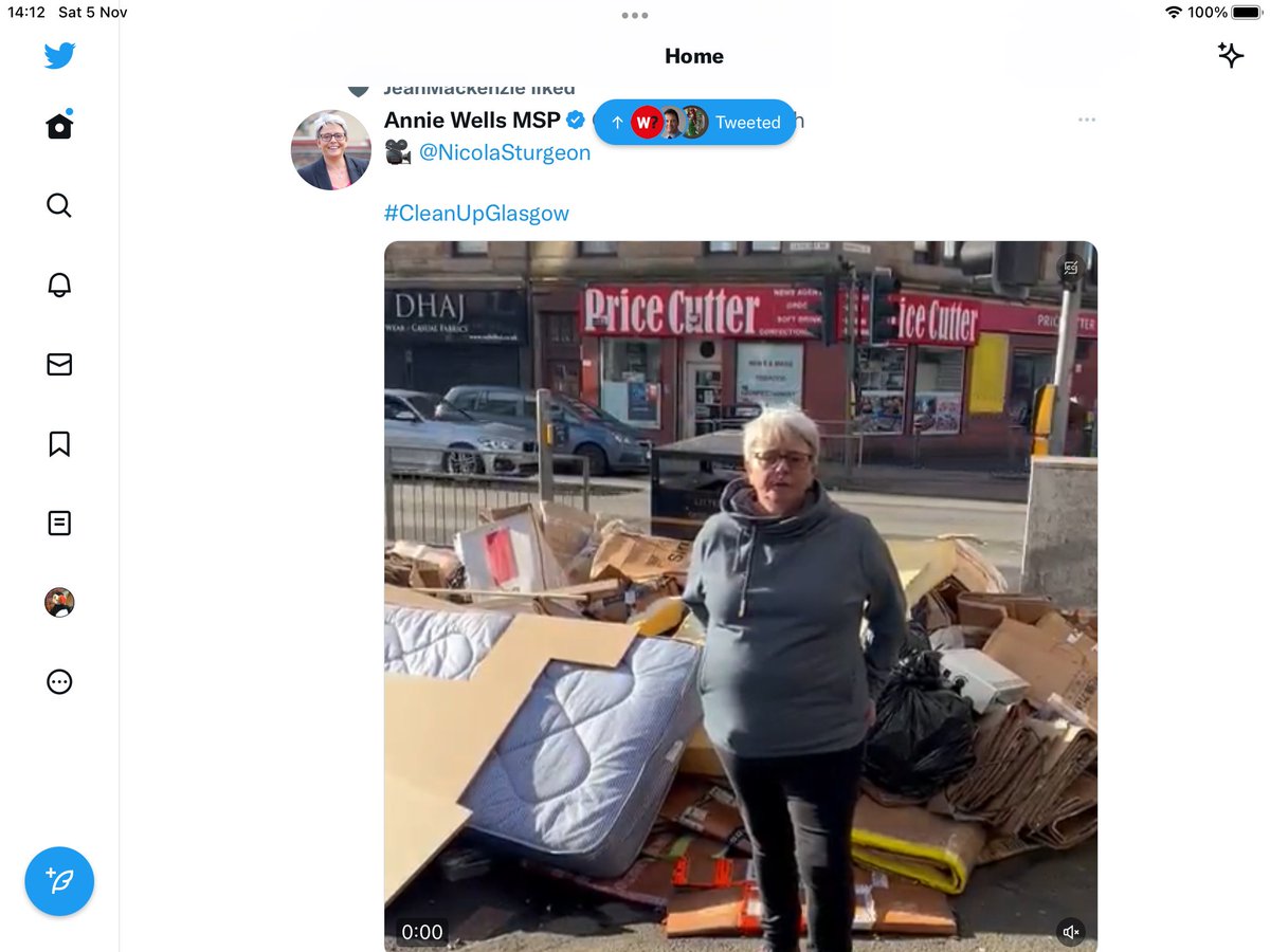 Shugriggie1's tweet photo. Been bucketing down all morning and most of this week in Glasgow but look at the cardboard behind this nonentity. We see your lies Annie Wells. https://t.co/NNnzWJY4O5