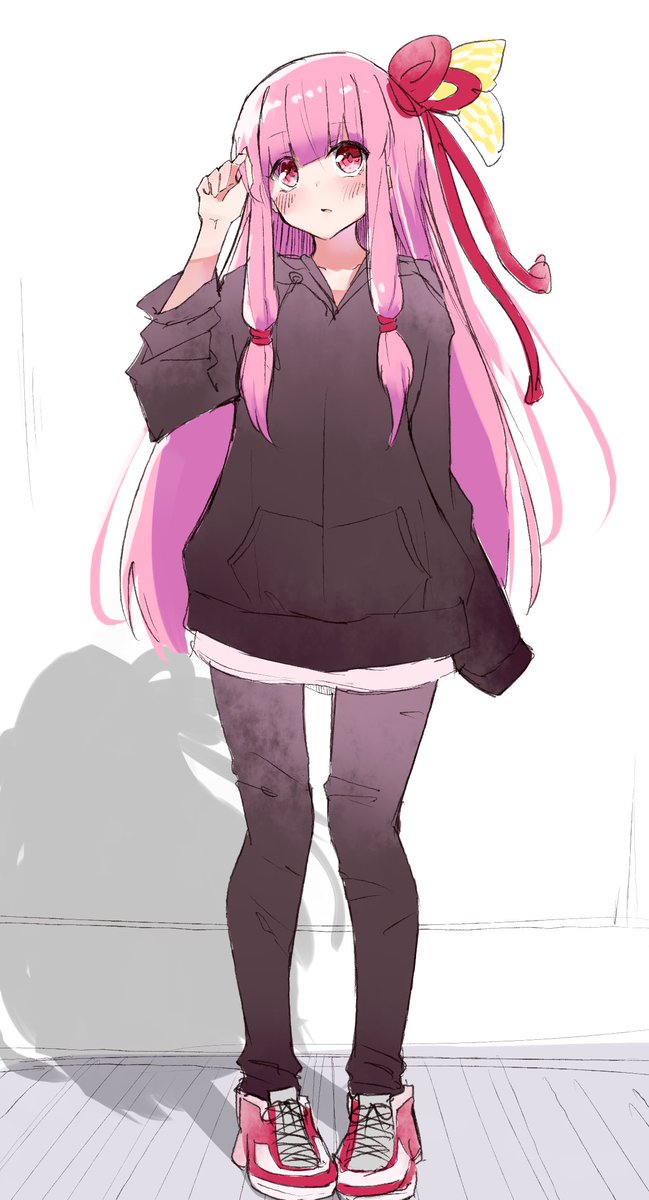 kotonoha akane 1girl long hair pink hair solo hoodie full body pants  illustration images