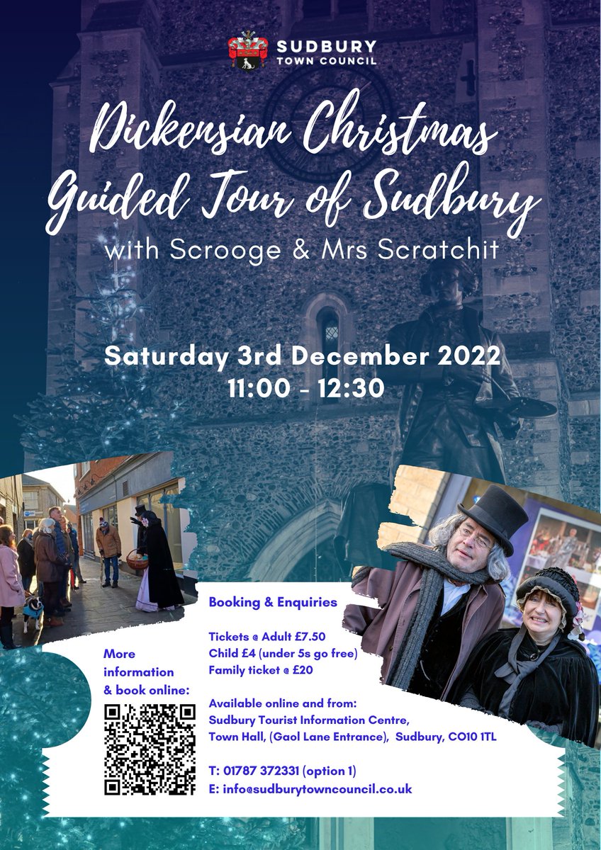 Take a festive stroll around #SudburySuffolk with Scrooge and Mrs Scratchit on Saturday 3rd December 

Ticket comes with complimentary mince pie (made local) &amp; hot drink 

Prize for the first person to make Scrooge crack a smile 🎫🎄 book here:
sudburytowncouncil.co.uk/product-page/d…