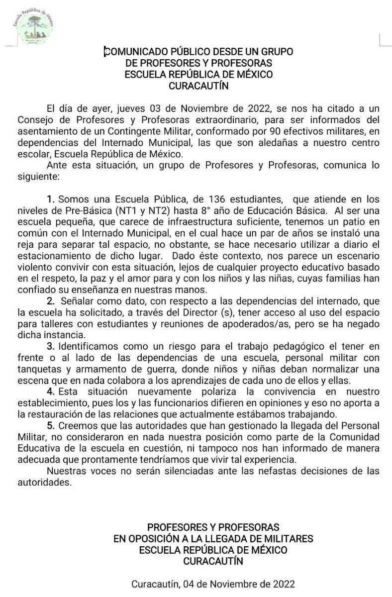 🛑 Infancia militarizada. Instalarán una base militar con 90 uniformados en las instalaciones de un internado municipal, donde además funciona una escuela básica rural. La <a href="/defensorianinez/">Defensoría de la Niñez</a> esta en conocimiento? Aquí se pronuncian desde la comunidad educativa con preocupación 👇🏻