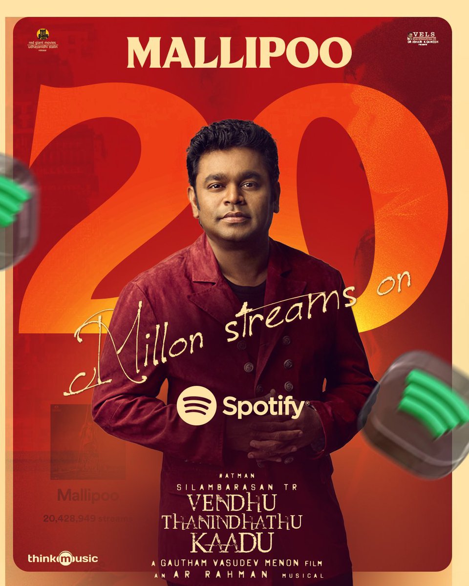 VelsFilmIntl's tweet photo. Celebrating 20 Million+ streams on @spotifyindia for the mesmerising #Mallipoo from #VendhuThanindhathuKaadu ❤️❤️

An @arrahman musical 
#Madhushree 
@SilambarasanTR_ @SiddhiIdnani @menongautham @VelsFilmIntl @RedGiantMovies_ https://t.co/mfan8fCAuv