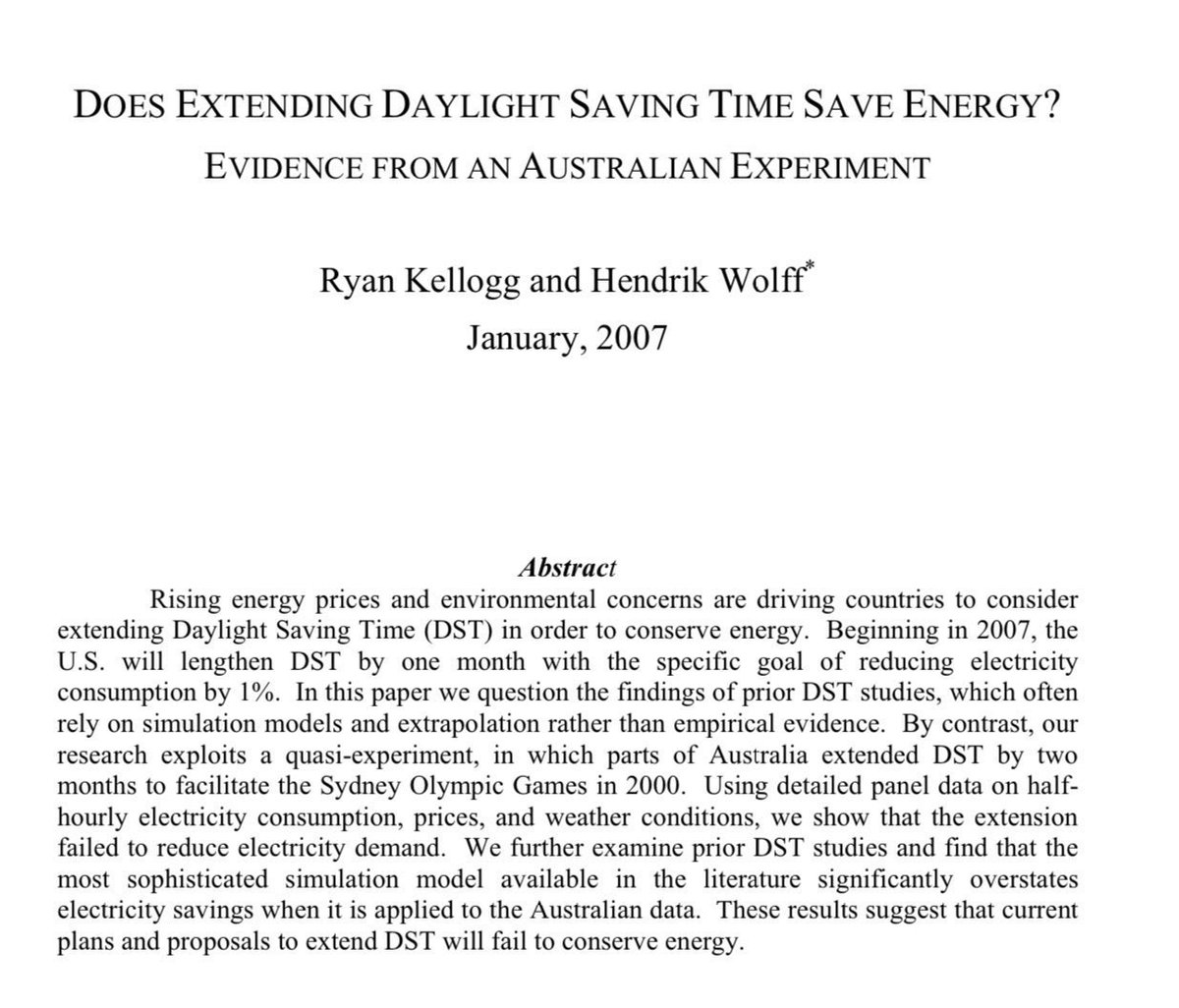 emollick's tweet image. Prepare for darkness &amp;amp; gloom.

The end of daylight savings time in the US is coming up and street crime goes up an estimated 20%(!!) thanks to the earlier darkness. 

And there isn’t really any benefit, since daylight savings doesn’t even save any energy, as these two papers show