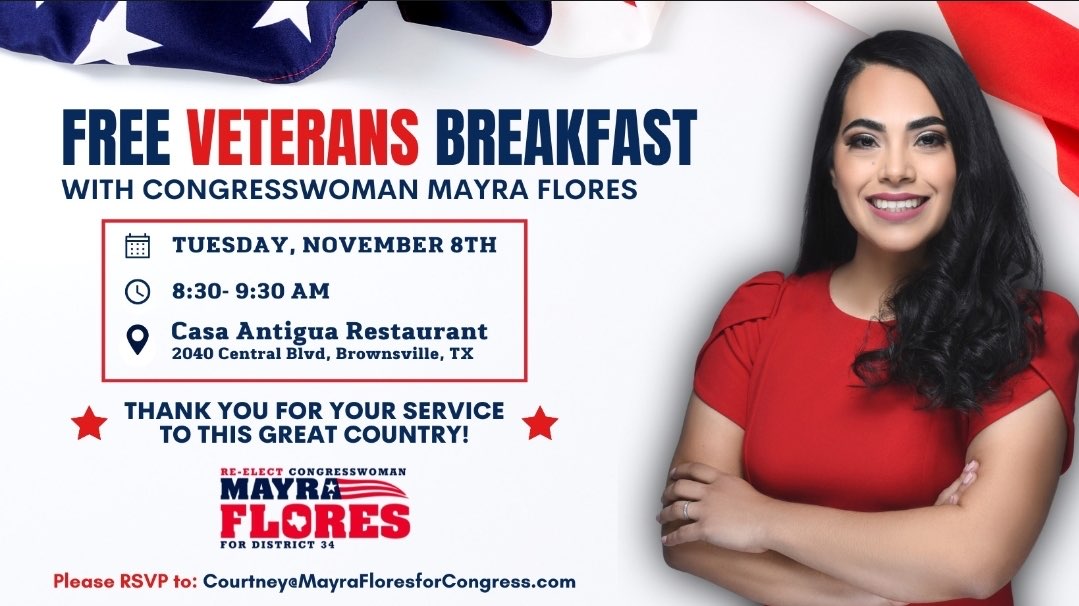 If you're a Veteran come have breakfast with our Congresswoman!!! 
@MayraFlores2022 
#LeadRight
#LoneStarHerd
#RNC
#TexasVictory