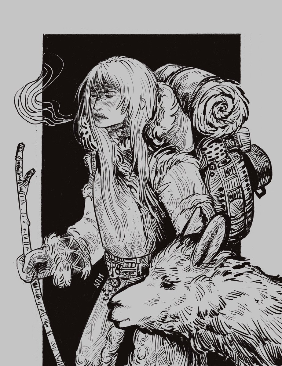 A drawing of Evin and their llama friend from Chronicles of Tal’Dun: The Hunger
