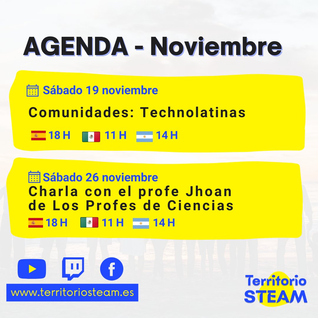 📢!Publicamos agenda de Noviembre!
 
-Charla con nuestras colaboradoras Technolatinas <a href="/Technolatinas/">TechnoLatinas ✨</a> 
 
-Charla con Jhoan López de Los Profes de Ciencias <a href="/ProfesDCiencias/">Los Profes de Ciencias</a>

#educacionSTEAM #stemeducation #comunidadestech #claustrovirtual  #vocacionesSTEM  #territorioSTEAM
