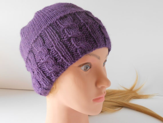 Cable knit hat, tinyurl.com/y9j72hn9 via @EtsySocial #etsymntt #etsysocial #knitpurplehat #womenshandknithat