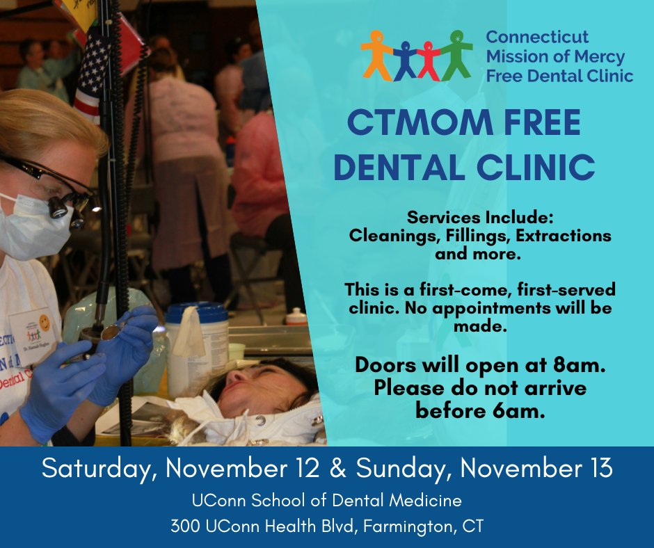 Free Dental Clinic November 12 and 13 at UConn School of Dental Medicine. First-come, first-served clinic. No appointments. Doors open at 8am. Do not arrive before 6am. More information at CTMOM.org. 

#CTMOM2022 #CTMOMFreeDental #FreeDentalCare #CTFreeDental