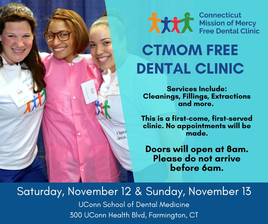Free Dental Clinic November 12 and 13 at UConn School of Dental Medicine. First-come, first-served clinic. No appointments. Doors open at 8am. Do not arrive before 6am. More information at CTMOM.org. 

#CTMOM2022 #CTMOMFreeDental #FreeDentalCare #CTFreeDental