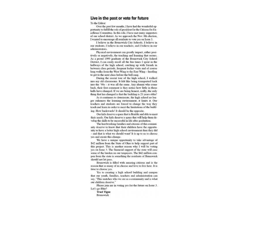 4BrunswickSchls's tweet photo. Two powerful letters to the editor today in The Brunswick Post. A million thank yous to @romanopltw @TraciTigue1 #BrunswickPride #YesOnIssue3 https://t.co/LwOTL9sewN