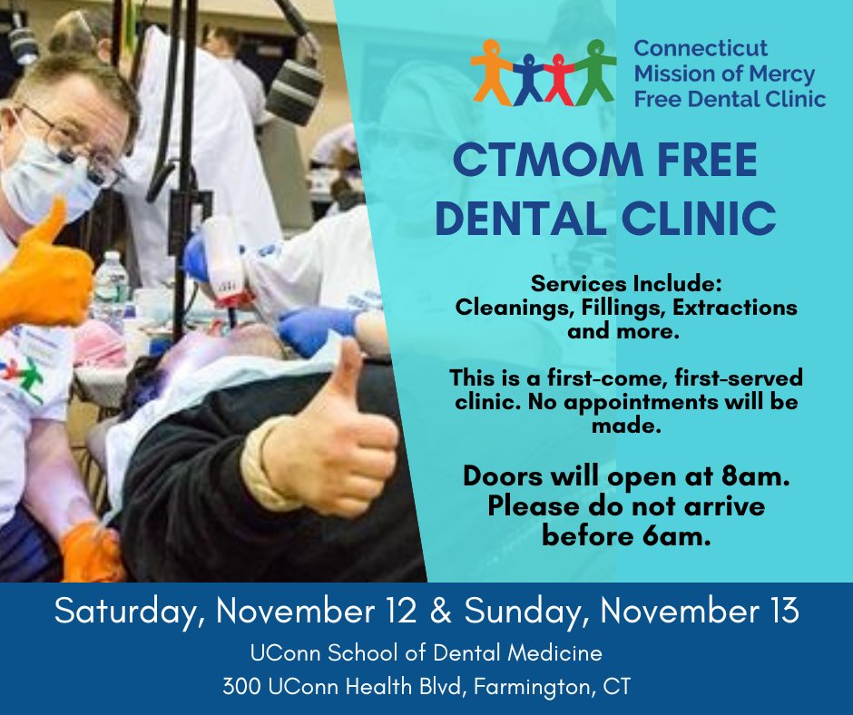 Free Dental Clinic November 12 and 13 at UConn School of Dental Medicine. First-come, first-served clinic. No appointments. Doors open at 8am. Do not arrive before 6am. More information at CTMOM.org. 

#CTMOM2022 #CTMOMFreeDental #FreeDentalCare #CTFreeDental