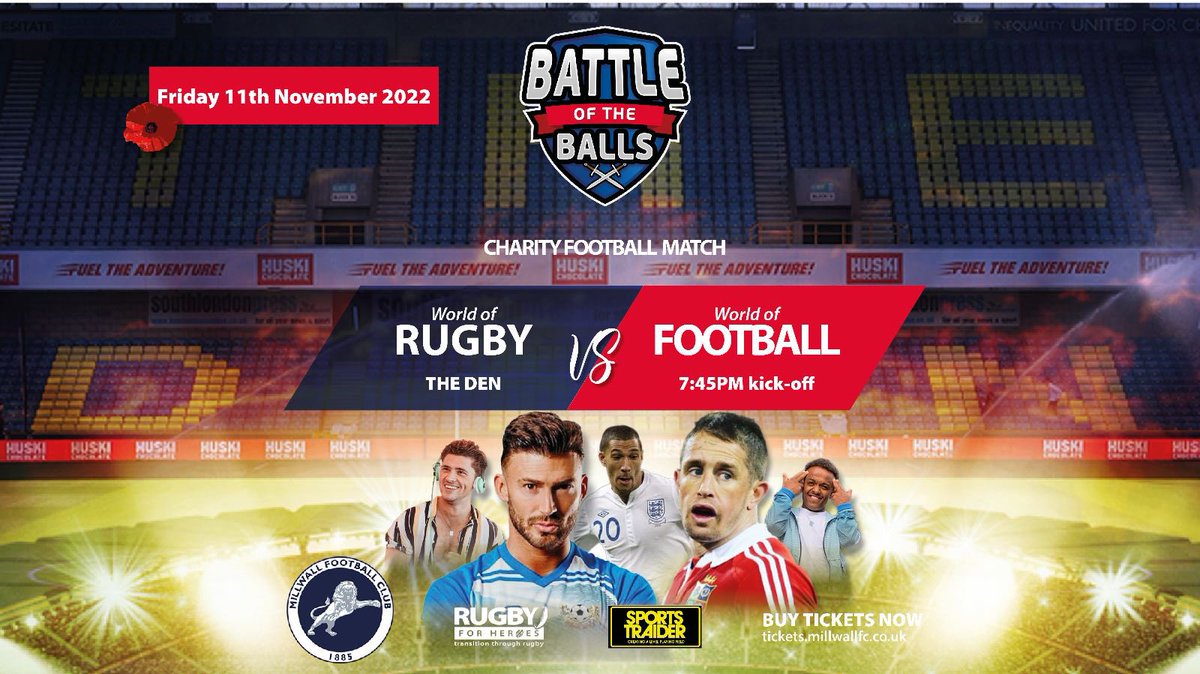 📍🏟️ 𝗧𝗵𝗲 𝗗𝗲𝗻. 𝗙𝗿𝗶 𝗡𝗼𝘃 𝟭𝟭 @MillwallFC Let the battle begin... ⚽🏉⚔️ Secure your seat for this legendary Rugby v Football Celebrity Football Match ‼️ 🎟 £1 - £10 📅 11th November 2022 ⏰ KO 7:45 pm 📍 Millwall FC, The Den 🔗 buff.ly/3RjY9DH