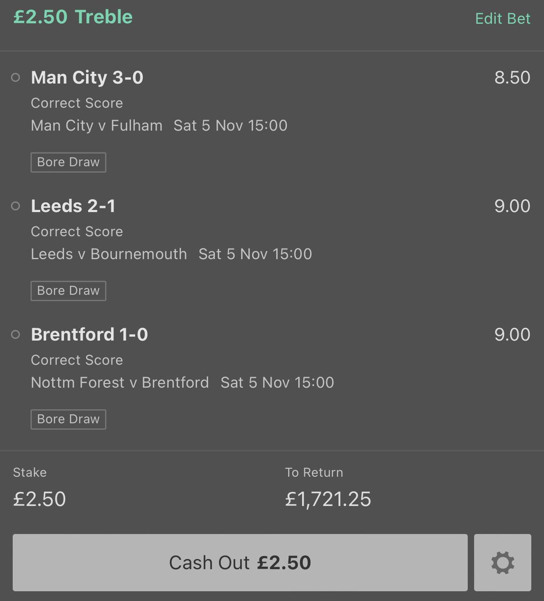 TIPSCLUBB's tweet photo. CORRECT SCORES 💰

Man City 3-0 win 📊

Leeds 2-1 win 📊

Brentford 1-0 win 📊

0.25 UNITS 🏦

Like and follow if you’re on ❤️

#GamblingTwitter https://t.co/X8ZFXG0SbX