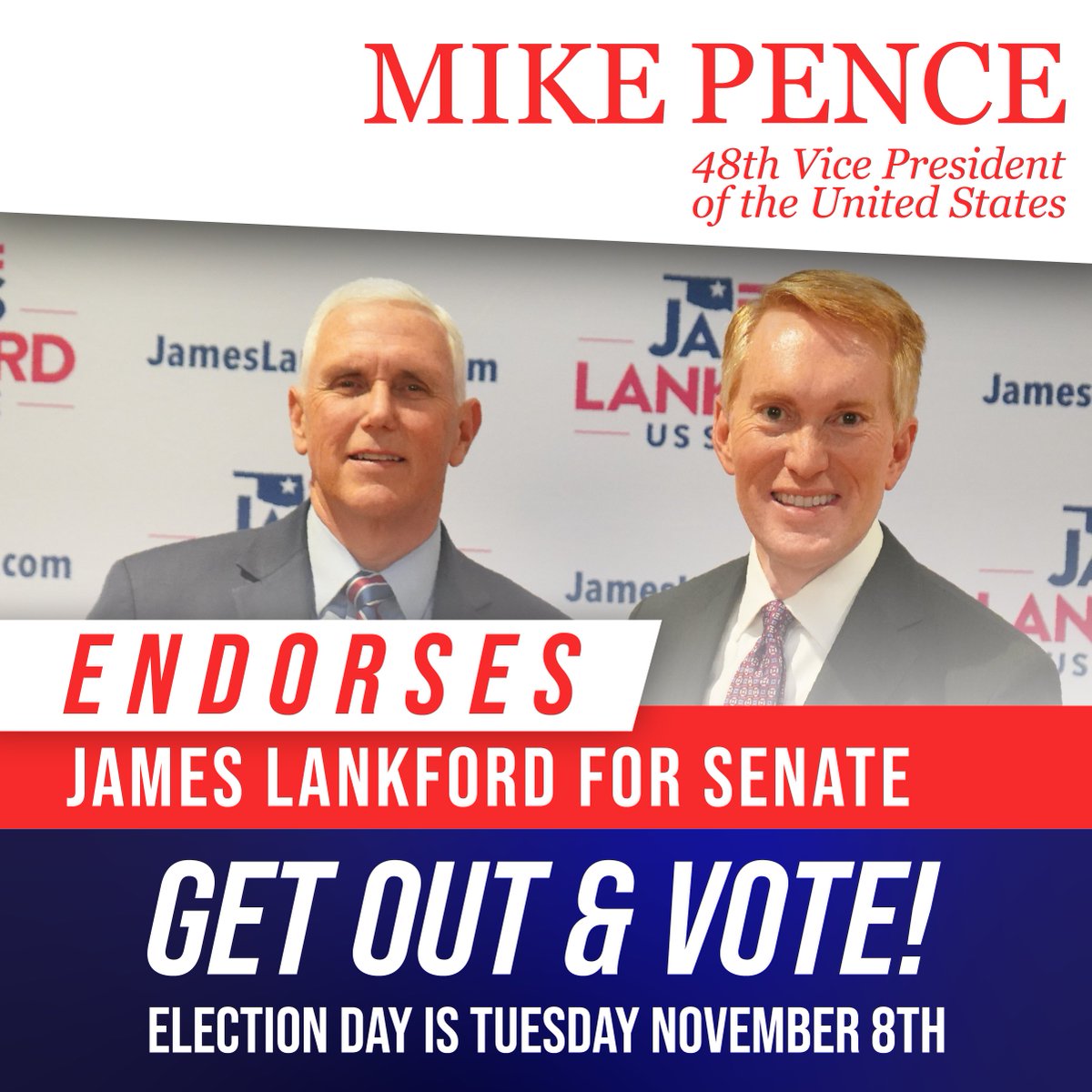 Mike_Pence's tweet image. Proud to endorse @jameslankford for Senate! Vote November 8th! 🇺🇸