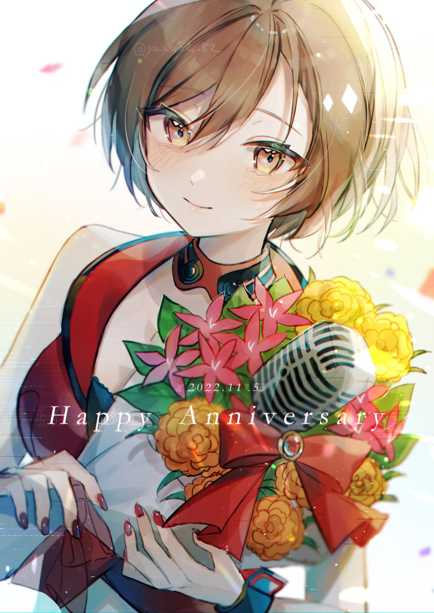 meiko (vocaloid) 1girl solo brown hair flower bouquet red nails holding  illustration images