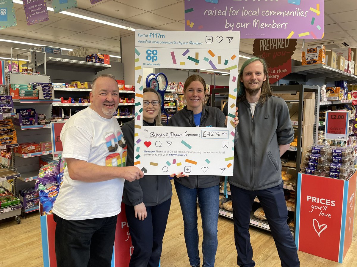 🥳🥳 Thank you to our wonderful <a href="/coopuk/">Co-op</a> members for raising a whopping £4276 for our Bedwas &amp; Machen Co-op local causes. Was great catching up with <a href="/SJACBedwas/">St John Ambulance Cymru Bedwas</a>, <a href="/BedwasHall/">Bedwas Workmen’s Hall & Institute</a> &amp; Machen Primary School to celebrate the final payouts. #ItsWhatWeDo <a href="/Stephen_BTM/">Stephen & Team</a> 💙💙