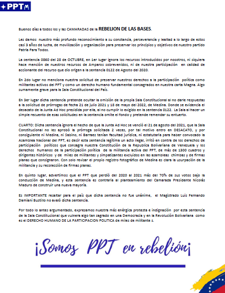 Ppt_NE's tweet photo. Hagamos #viral El Comunicado desde #LaRebeliondelasBases del #PPT @williancontig @vwmiro @laychb @LAMASCOTADEDIOS @vargasanderzon1 @NicolasMaduro @jorgerpsuv @dcabellor @JoseGVielmaMora @DiputadoAngelR @AdelsoOrellana1 https://t.co/9dtJKWOpsn