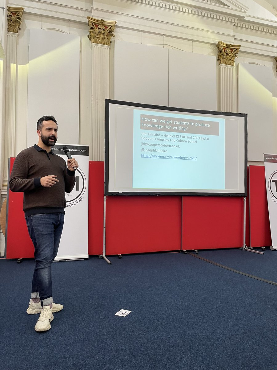 MrSmithNorwich's tweet photo. Last talk of the day is @josephkinnaird asking how we can translate a knowledge-rich curriculum into knowledge-rich writing. Love a bit of #becausebutso #TMRSIcons @TMRSicons https://t.co/lYqDwq98NZ
