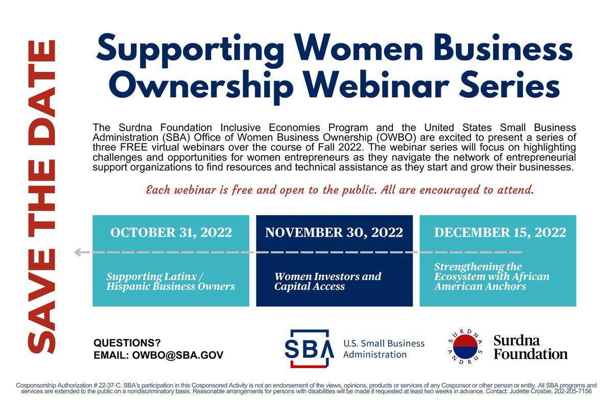 The Surdna Foundation’s Inclusive Economies Program and U.S. Small Business Administration’s (SBA) Office of Women’s Business Ownership announced today a three-part webinar series to support women of color entrepreneurs and business owners.

Learn more at surdna.org/news-insights/…