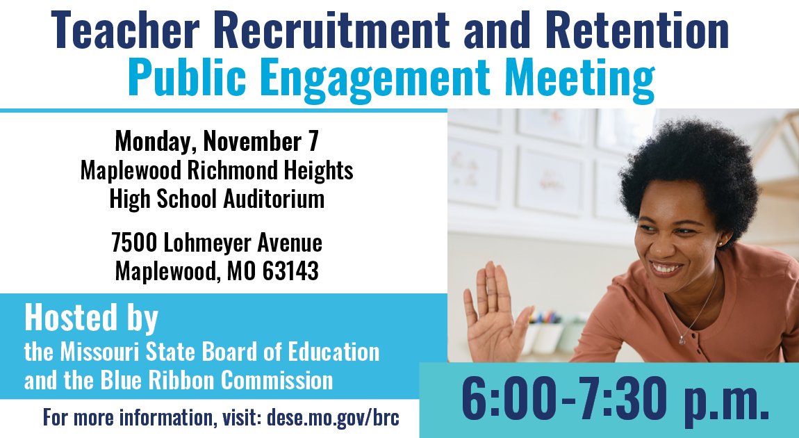 Teacher recruitment and retention is a challenge nationwide. Join <a href="/MoEducation/">Missouri DESE</a> on Monday to learn about the Blue Ribbon Commission’s recommendations to the State Board of Education to address these issues here in Missouri. More info: dese.mo.gov/BRC