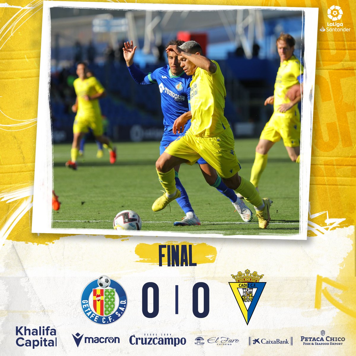 Cadiz_CF's tweet photo. 🔵💛 #GetafeCádiz #LaLigaSantander 

0-0 | Final en el Coliseum Alfonso Pérez. https://t.co/WIcWdXzzwU