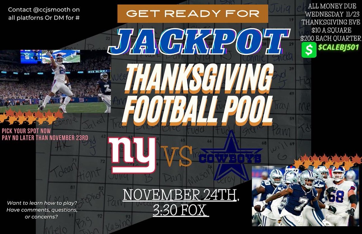 ccjsmooth's tweet image. 🗣 POOL BACK OPEN: Family &amp;amp; Friends THANKSGIVING Edition!

• $10 a square / $200 a quarter payout!

• Money is not due until Thanksgiving Eve! Lock in your spots today!

Good luck.

#footballsquares #footballpool #nfl #gaming #powerball #thanksgiving #arkansas #cowboys #nygian