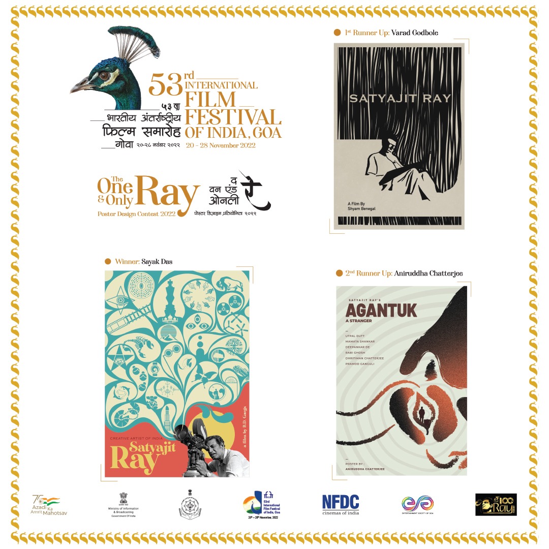 PIBKolkata's tweet photo. 👉Winners of the 'One and Only Ray' poster design contest announced
🎨Sayak Das - Winner
🎨Varad Godbole - 1st Runner Up
🎨Aniruddha Chatterjee - 2nd Runner Up
Posters to be displayed at the 53rd International Film Festival of India, Goa
📸: @IFFIGoa
#Ray100 #IFFI https://t.co/FQDwIexhlg