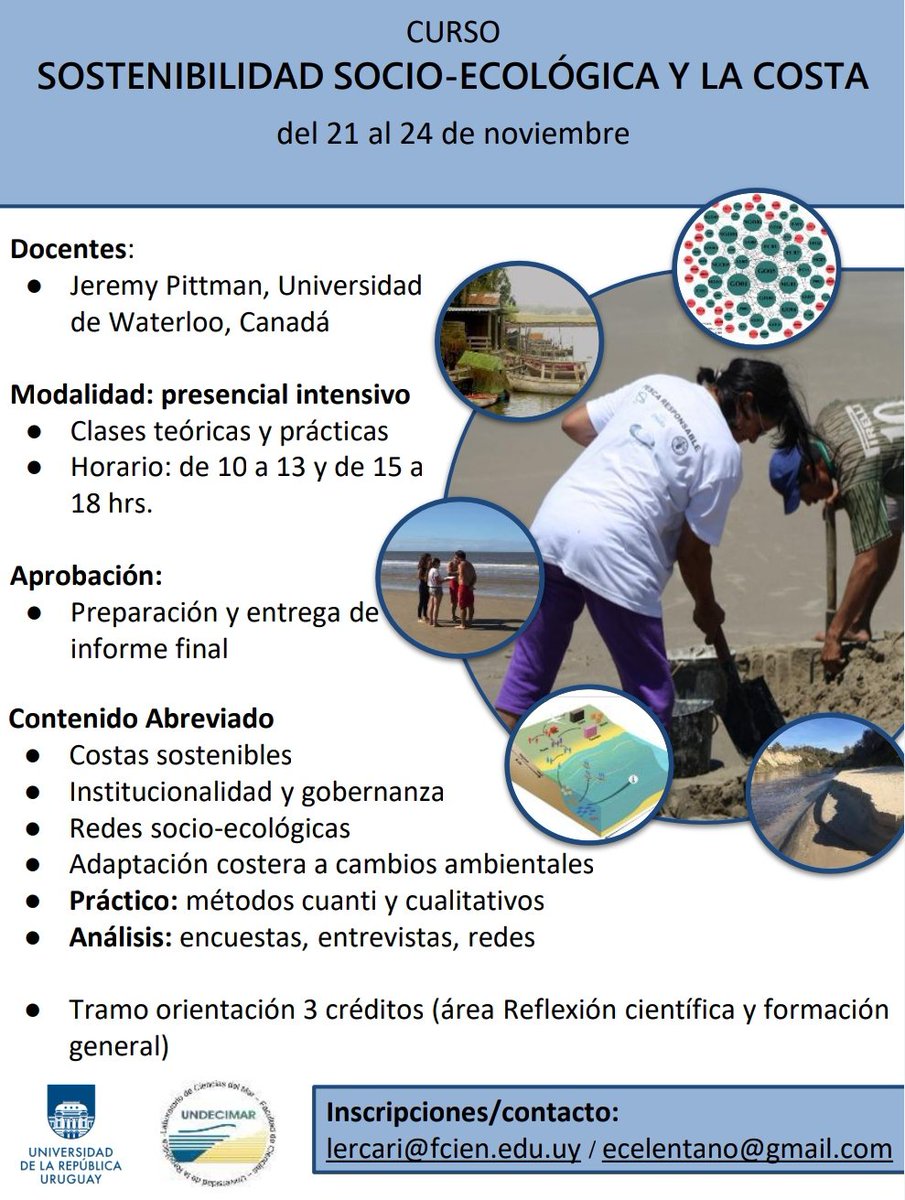 📢🚨  Nuevo curso! A cargo de <a href="/pittman17/">Jeremy Pittman</a> , el curso "Sostenibilidad socio-ecológica y la costa" se realizará en <a href="/FcienUdelar/">Facultad de Ciencias</a> del 21 al 24 de este mes. Por más info 👇