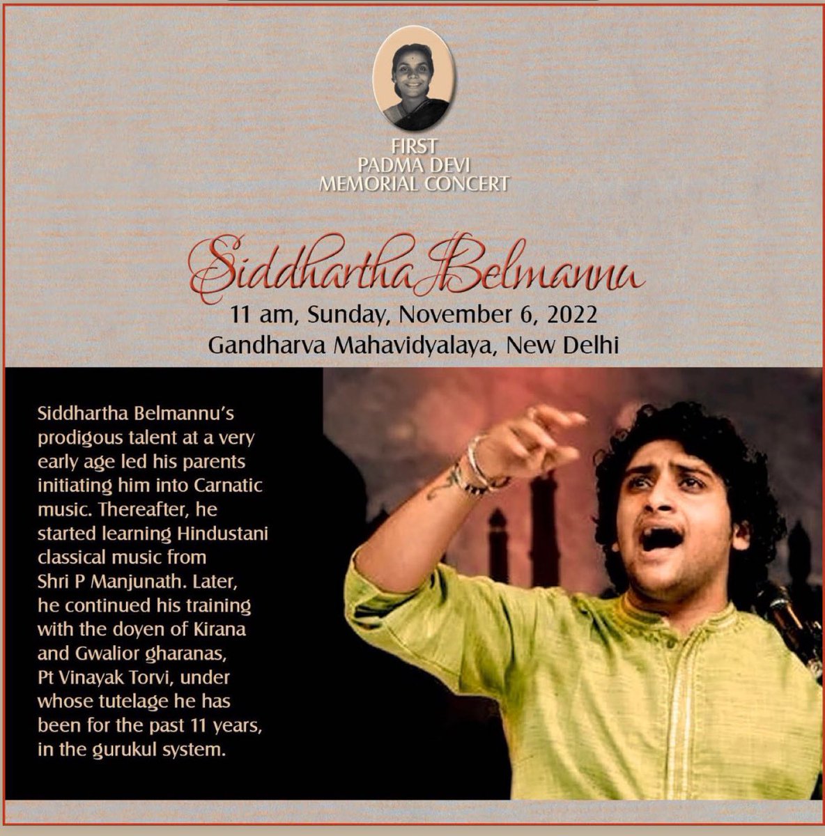 sidbelmannu's tweet photo. Performing at Gandharv Mahavidyalay on the 6th Nov morning at 11am. Will be accompanied on Tabla by Pt. Vinod Lele ji and on Harmonium Pt.Vinod Misra ji. Music lovers around do come.

#siddharthabelmannu https://t.co/fU0TnzaSwn