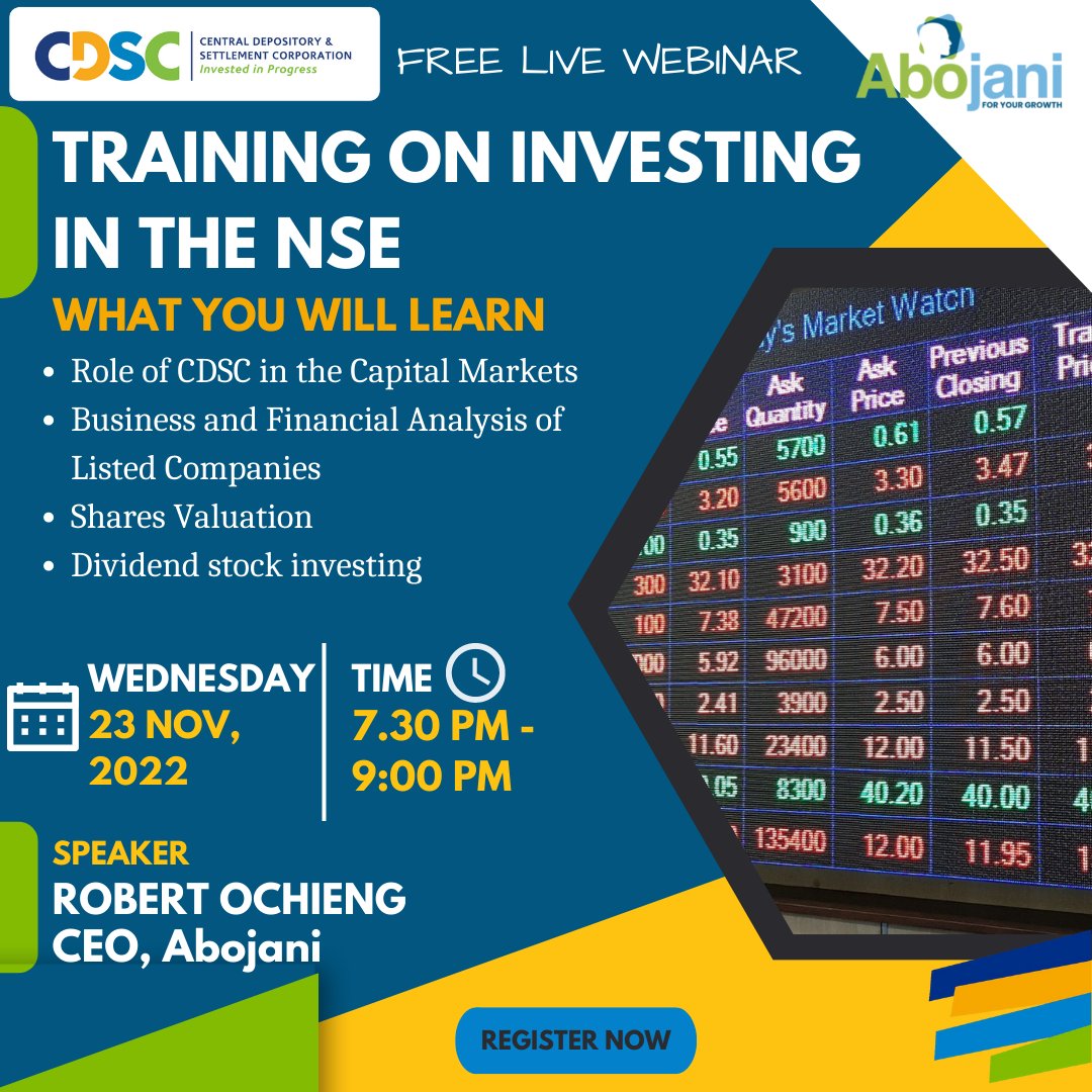cheruiyotkb's tweet image. #WeekendFollow

#Level 🆙 your timeline by following @cdsckenya for information on investing in stocks. Get informed on stock brokerage firms [CD agents], CDSC account requirements, monthly account activity updates and free webinars on the capital markets.