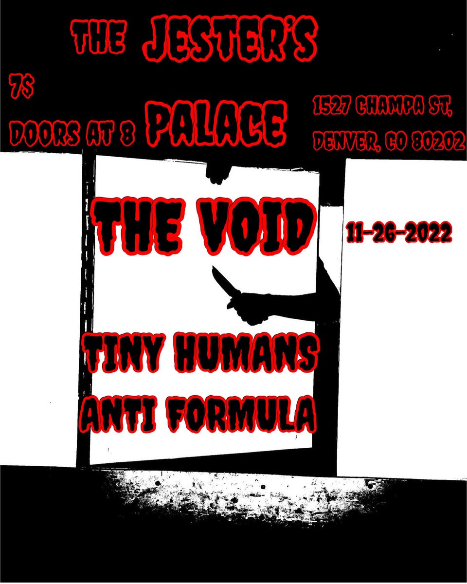 We got a show at The Jester’s Palace on 11-26-2022. 7$ a ticket. The link is in our Bio or you can buy a ticket there, the day of. Tiny Humans and Anti Formula are on the bill as well. Get a ticket and let’s go all out. Dm us for questions. #concert #denver #colorado #November