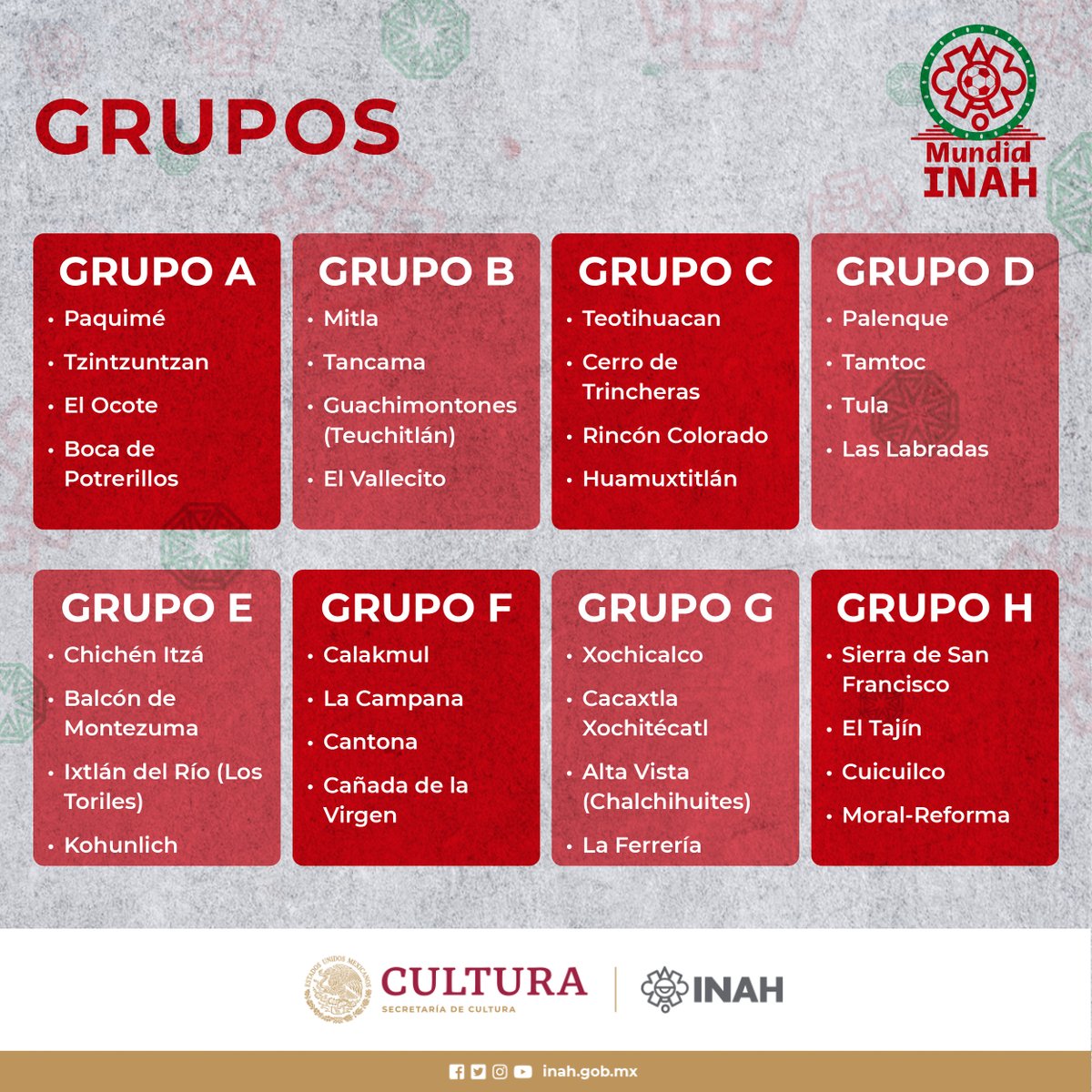 #MundiaINAH2022

Te presentamos las 32 Zonas Arqueológicas que participarán en nuestro MundialINAH. Así quedaron los grupos, prepárate para votar por tu favorita.