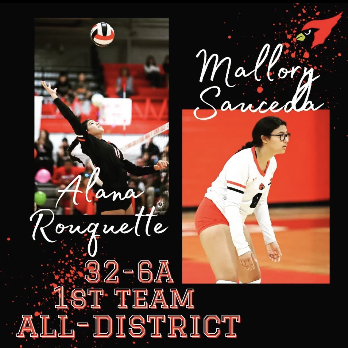 HUGE CONGRATULATIONS to our SOPHOMORE, Alana Rouquette, and SENIOR, Mallory Sauceda, on being selected 32-6A 1st Team All District!!! Way to go girls we are so proud of the growth we all saw from you both!!  #MindsetIsEverything #CardinalVolleyball #CSND