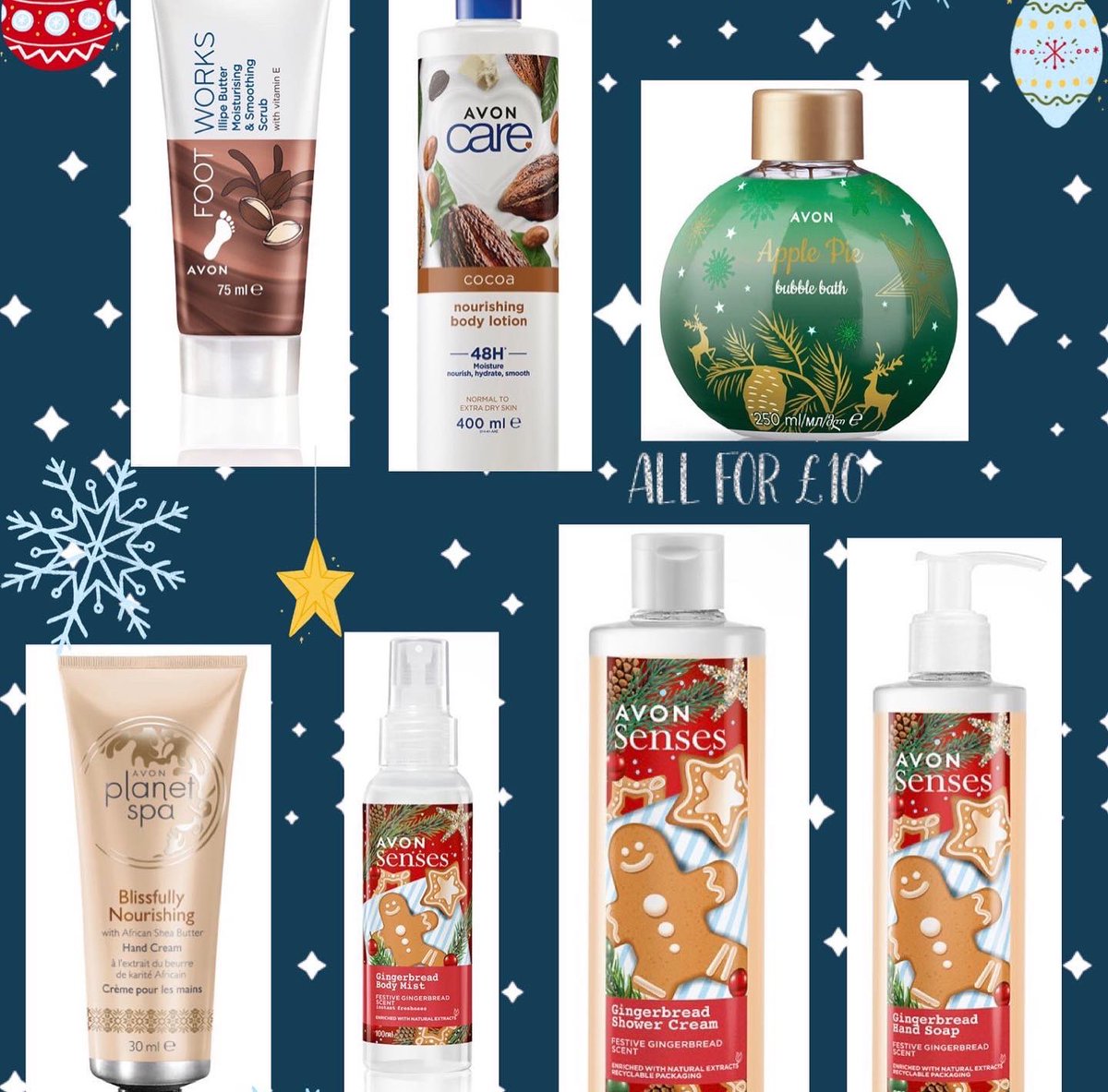 AvonwithKateB1's tweet photo. Festive Pamper Pack- only £10 for all of these great products, with fabulous festive fragrances! See my online shop for more info! #festive #avon #christmas https://t.co/zTMz5FQF5q