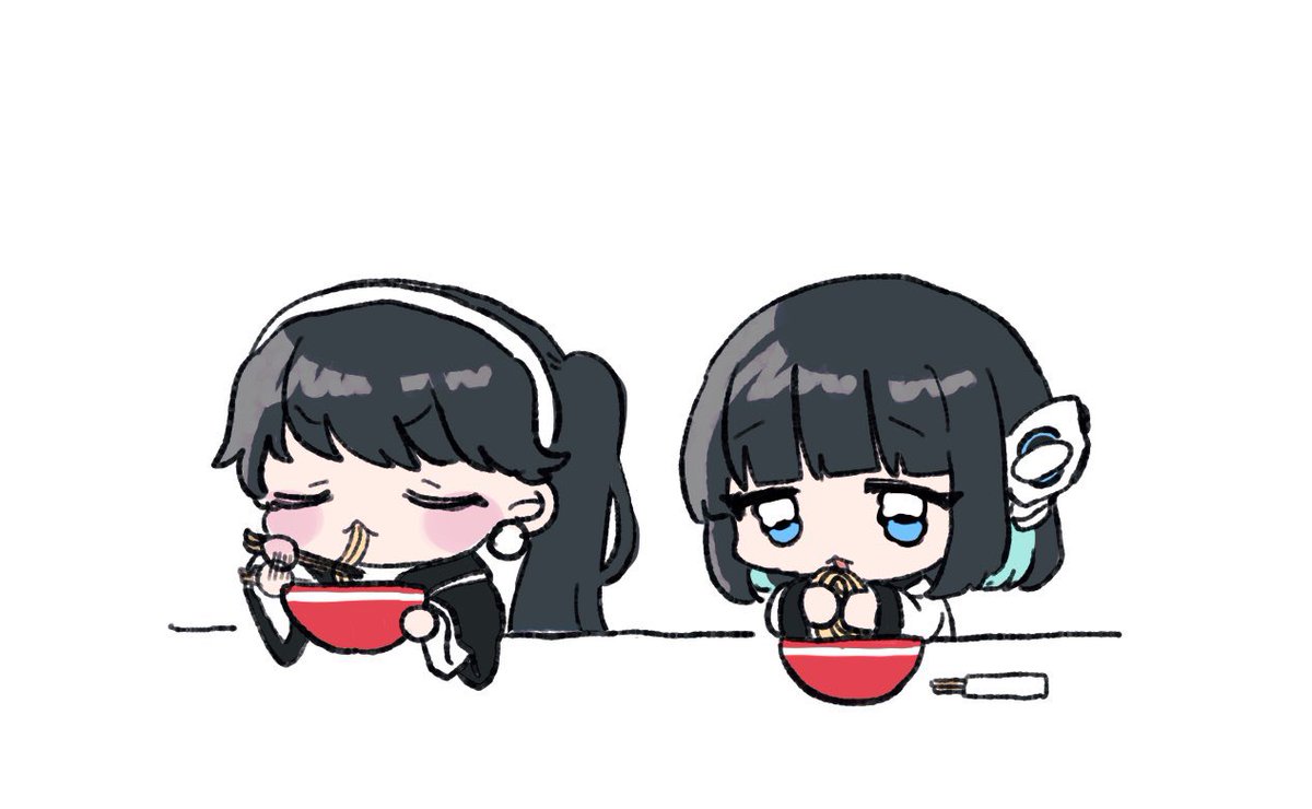 multiple girls 2girls black hair noodles blue eyes eating chopsticks  illustration images